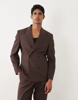 ASOS DESIGN 100% cotton linen look regular fit double breasted suit blazer in brown