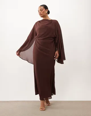 ASOS DESIGN Curve kimono sleeve cape detail draped midaxi dress with open back in chocolate