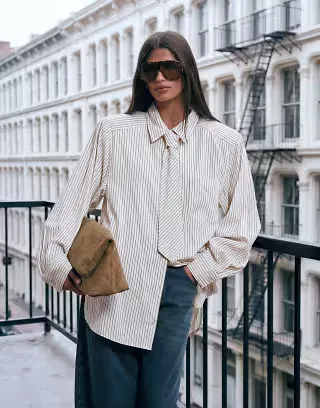 Lioness exclusive Chelsea cotton oversized shoulder pad detailing shirt with necktie in beige stripes