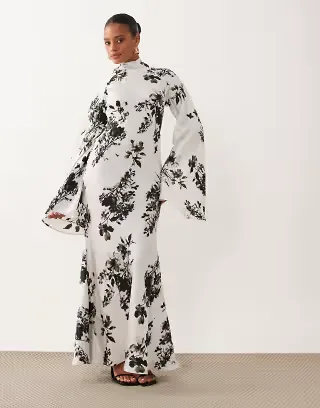 ASOS DESIGN satin maxi dress with split sleeve and scarf detail in mono floral print
