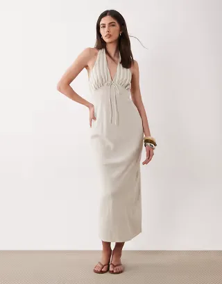 ASOS DESIGN halter neck linen look slip maxi sundress with striped bust in neutral
