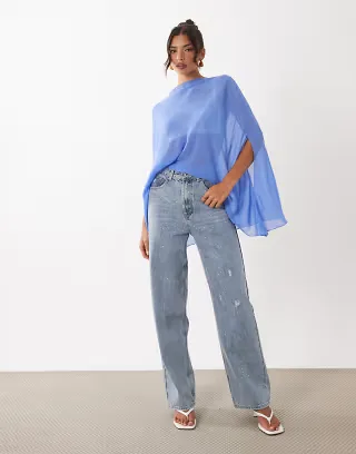 Lioness Diamante cotton rich straight leg jeans in light blue wash