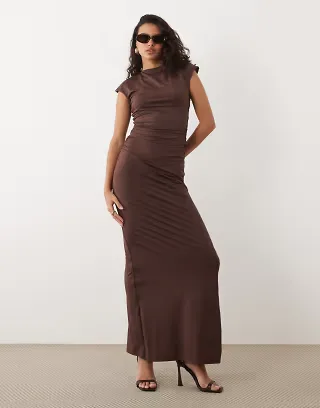 SNDYS ruched detail back slit maxi skirt in chocolate - part of a set