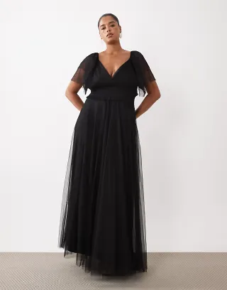 Lace & Beads Plus Bridesmaid shirred waist v-neck mesh flutter sleeve maxi dress in black