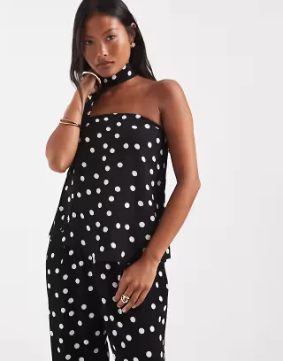 Vero Moda Petite woven bandeau top with scarf detail in black and white polka dot - part of a set