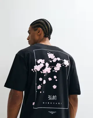 ONLY & SONS relaxed fit T-shirt with cherry blossom back print in black