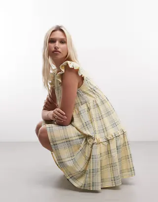 Daisy Street ruffle tiered chuck on smock mini dress in yellow check