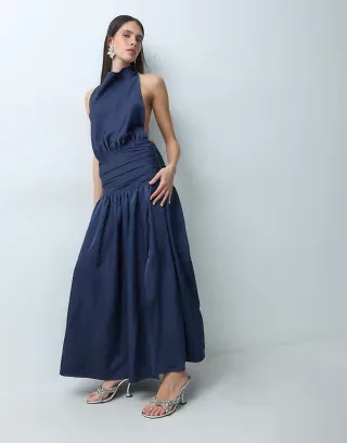 The Frolic satin high neck ruched waistband detail thigh split maxi dress in navy