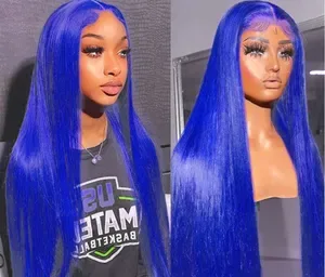 Straight Blue 13x4 Human Hair Lace Frontal Wigs Blue Transparent Lace Front Wigs For Women Brazilian Pre Plucked Hair Wi