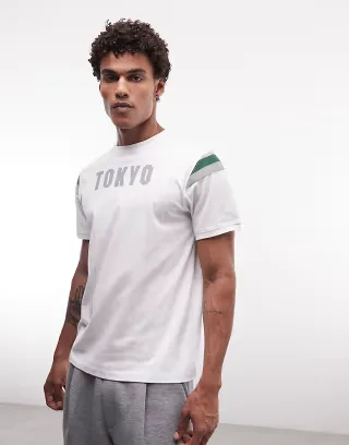 ASOS DESIGN regular cut and sew T-shirt with Tokyo text graphic in white