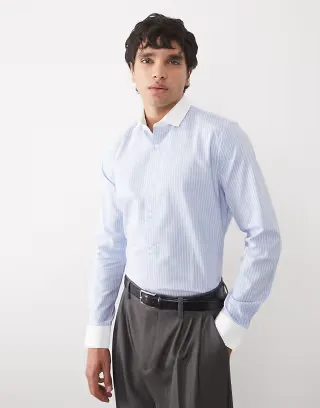 ASOS DESIGN easy-iron slim poplin striped shirt with contrast collar in blue