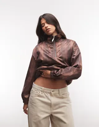 Liquor N Poker boxy oversized quarter zip jacket in brown plaid