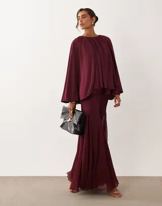 ASOS DESIGN full volume cape maxi dress with godets in berry