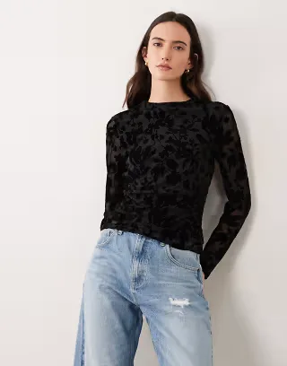 VILA high neck ruched velvet devore mesh top in black