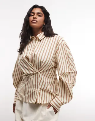 ASOS DESIGN Curve cinched wrap cocoon sleeve shirt in yellow stripes