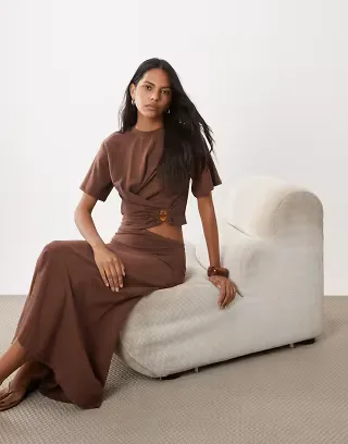 ASOS DESIGN short sleeve with knot detail and cut out midi dress in white in chocolate brown
