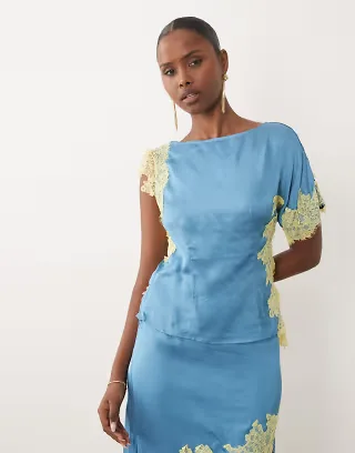 Never Fully Dressed Kira satin slash neck asymmetric short sleeve lace detail top in blue - part of a set