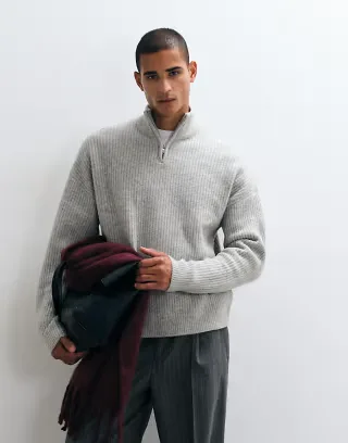ASOS DESIGN super oversized knit wool blend half zip ribbed sweater in gray heather