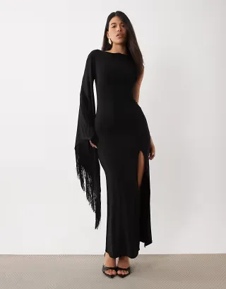 ASOS DESIGN one shoulder slinky maxi dress with fringe detail and split in black