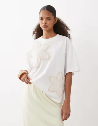 ASOS DESIGN boxy tee with embroidered crochet flowers in cream