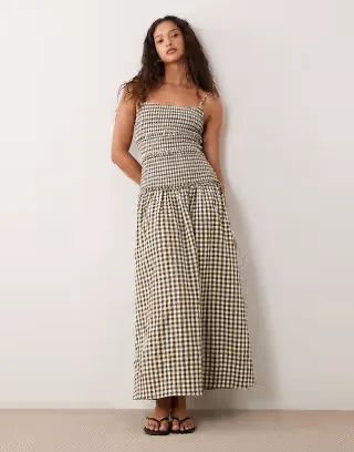ASOS DESIGN crinkle maxi sundress with shirred dropped waist in olive and cream gingham