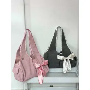 JIAERDI Large Capacity Tote Bag for Women - Fairycore Aesthetic Bow Shoulder Handbag - Vintage Grey Chic Cute Shoulder B