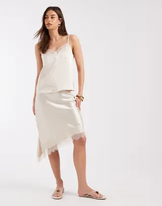 ONLY lace detail satin cami top & asymmetric satin lace midi skirt set in oatmeal
