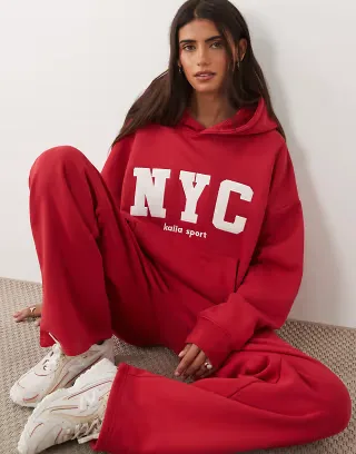 Kaiia cotton rich embroidered NYC logo detail oversized hoodie in red and white - part of a set