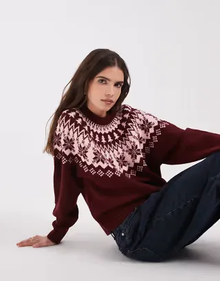 ASOS DESIGN Christmas snowflake crew neck sweater in burgundy