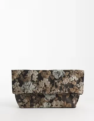 ASOS LUXE jacquard soft fold-over clutch in black and gold jacquard