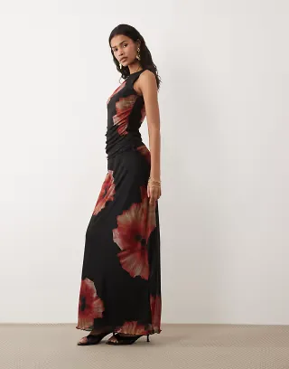 JDY ruched mesh skirt with floral print in black - part of a set
