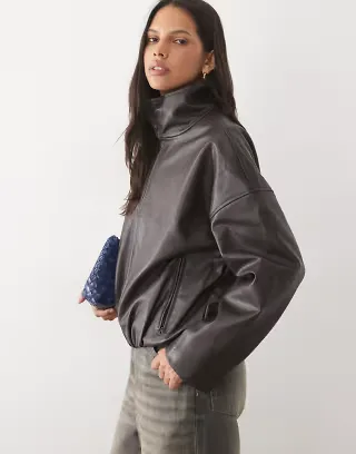 Object leather look funnel neck jacket in black