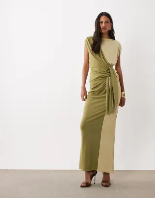 ASOS DESIGN color block sarong skirt with drape tie front in khaki - part of a set