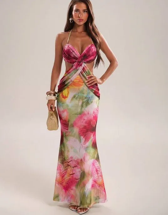 SHEIN Women's Floral Halter Mermaid Maxi Dress