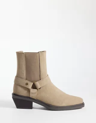 ASOS DESIGN cuban heeled chelsea boots with buckle detail in taupe