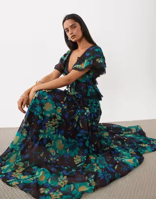 ASOS DESIGN full hem ruffle maxi dress with trim detail and open back in black floral