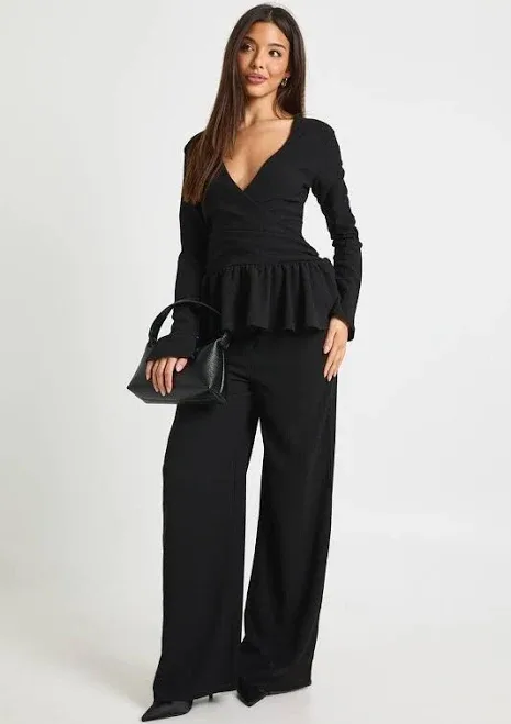 boohoo Women's Textured Wrap Detail Long Sleeve Top And Trouser Set