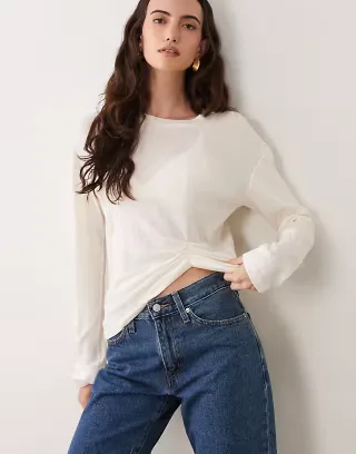ASOS DESIGN ruched hem long sleeve t-shirt in ecru