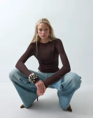 ASOS DESIGN sheer knit soft touch ruched side top in chocolate