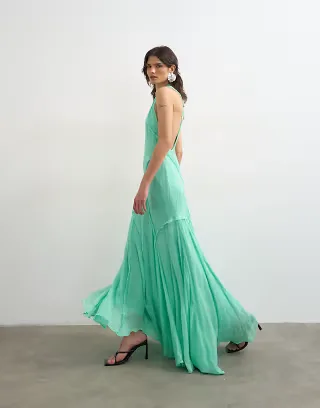 Topshop premium viscose high neck open back maxi dress in apple green