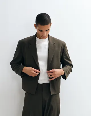 ASOS DESIGN boxy suit jacket in brown grid plaid print