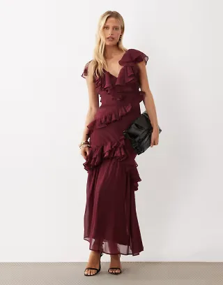 ASOS DESIGN midaxi dress with ruffle detailing in plum