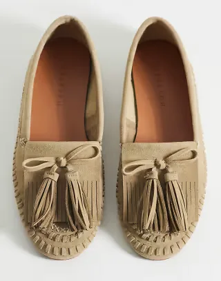 ASOS DESIGN Moxen fringe detail loafers in sand suedette