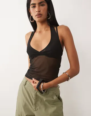ASOS DESIGN sheer mesh halterneck top in black