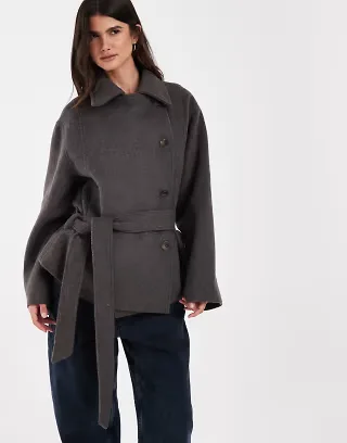 ASOS DESIGN low belt short trench coat with wool in mocha