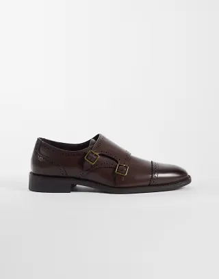 ASOS DESIGN two strap monk shoes with broguing details in brown