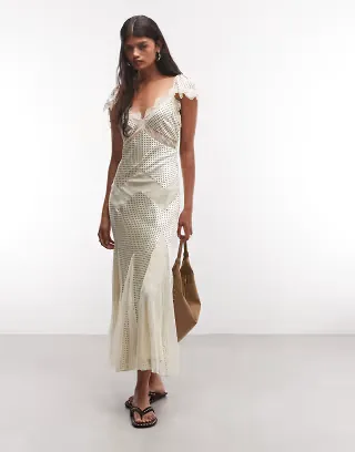 Reclaimed Vintage maxi tea dress with lace inserts in polka dot