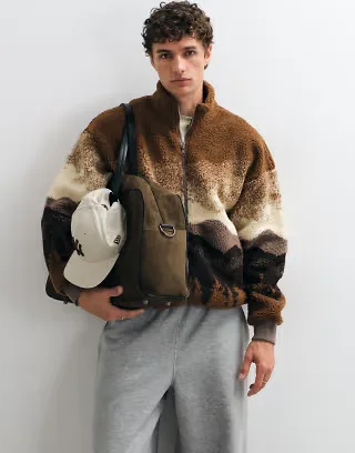 ONLY & SONS oversized bomber fleece with scenic print in brown