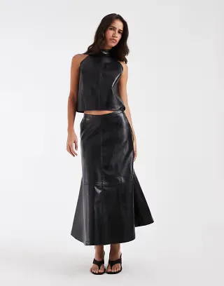 ASOS DESIGN tailored faux leather halterneck & midi skirt set in black crackle