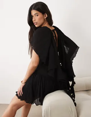ASOS LUXE pleated shoulder drape structured mini dress with ruffle skirt in black